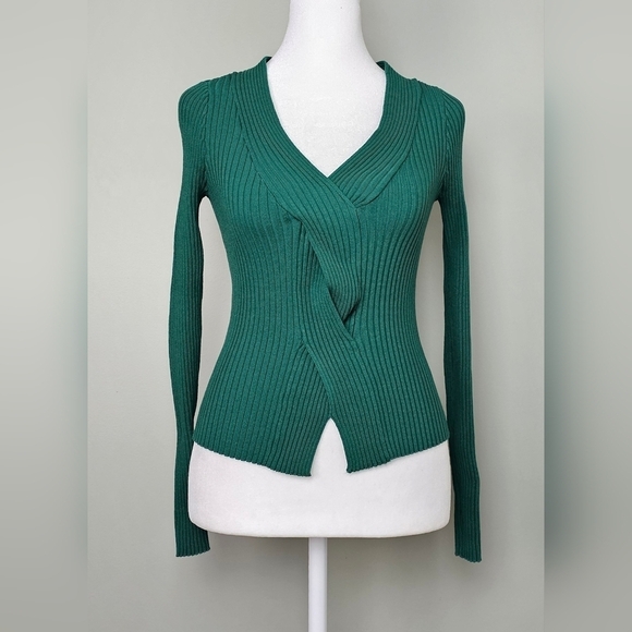 Lulus Emerald Green Ribbed Braided Long Sleeve Sweater Top XS - Picture 4 of 9